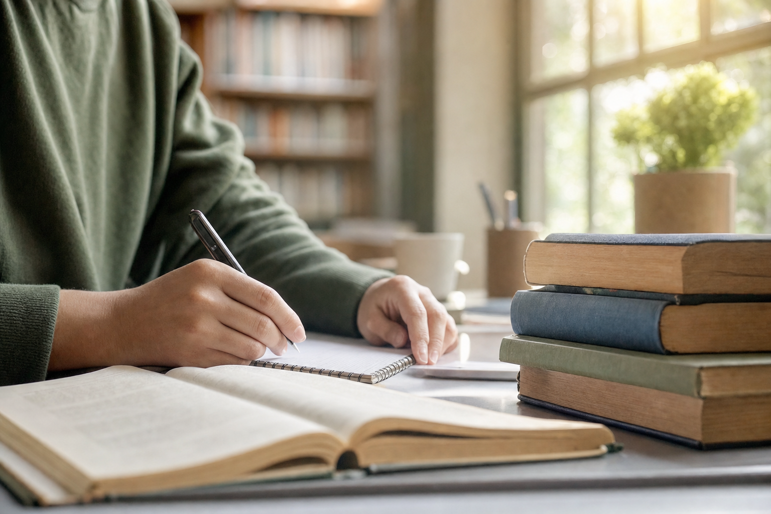 A student's hands writing in a notebook next to a stack of hardcover books in warm morning light.