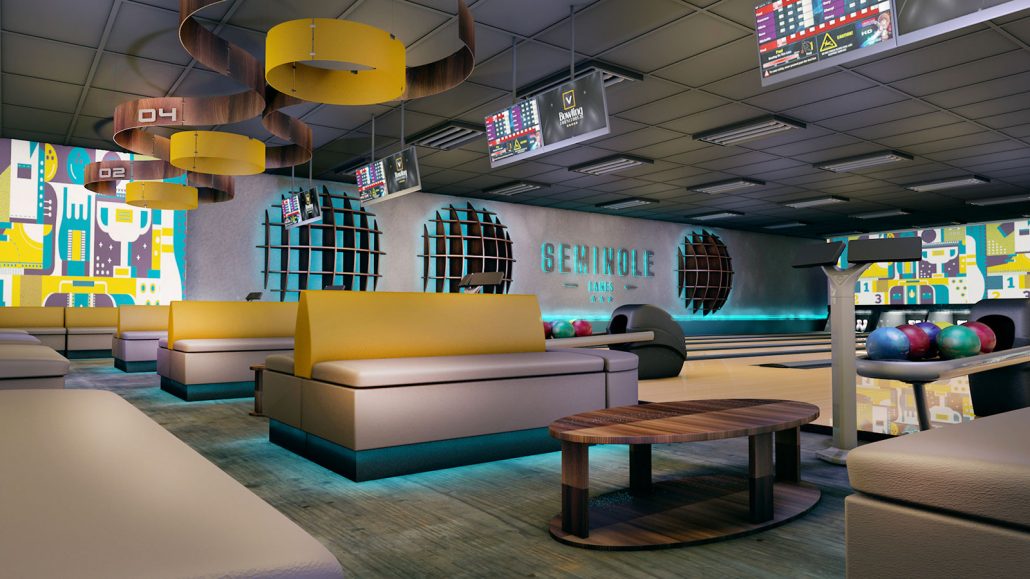 Modern bowling center interior with yellow booths and glowing lane markers.