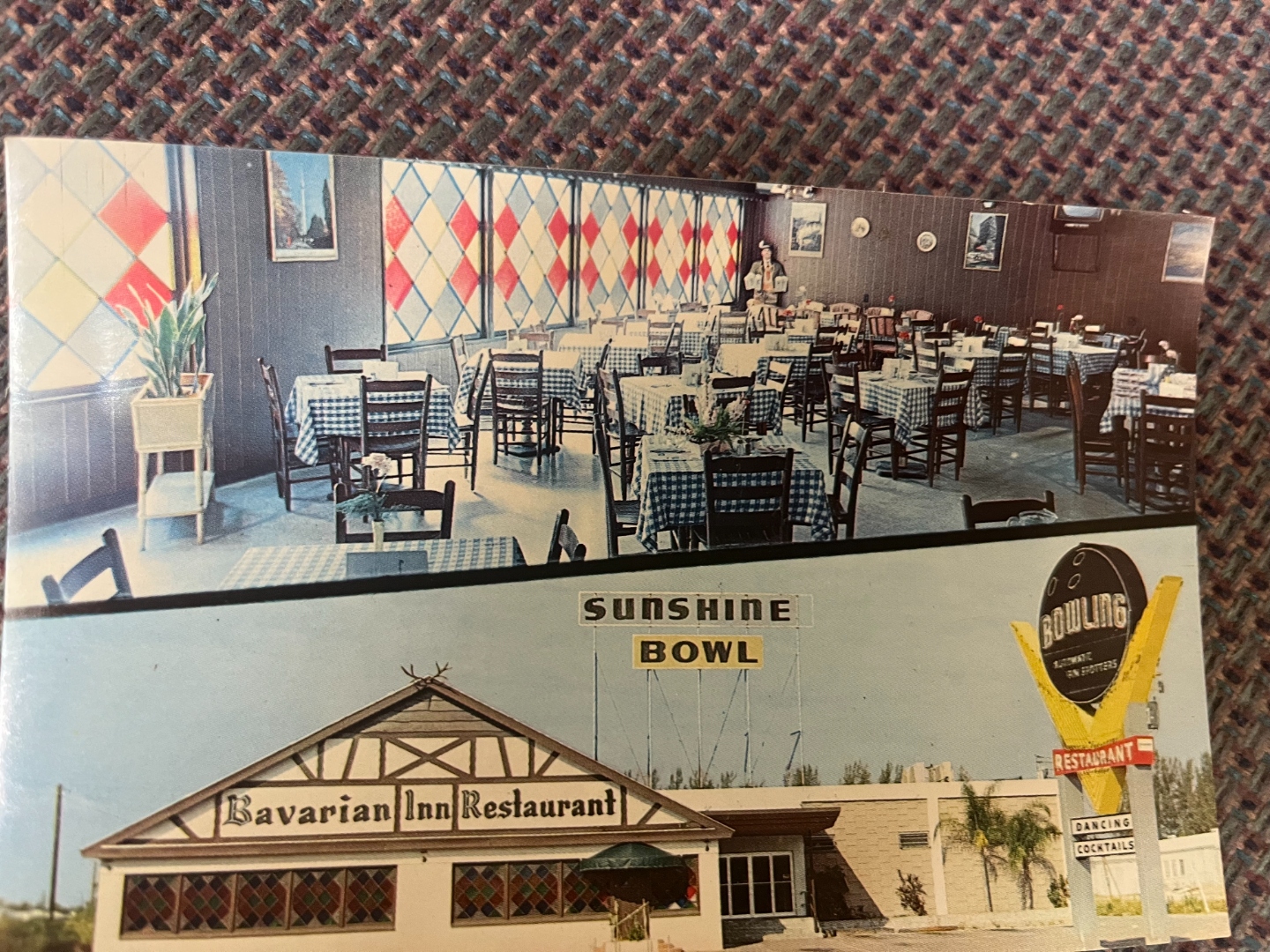 Vintage postcard of Sunshine Bowl showing the Bavarian Inn Restaurant with its Alpine gable, checkered tablecloths inside, and the bright yellow BOWLING sign on the exterior.